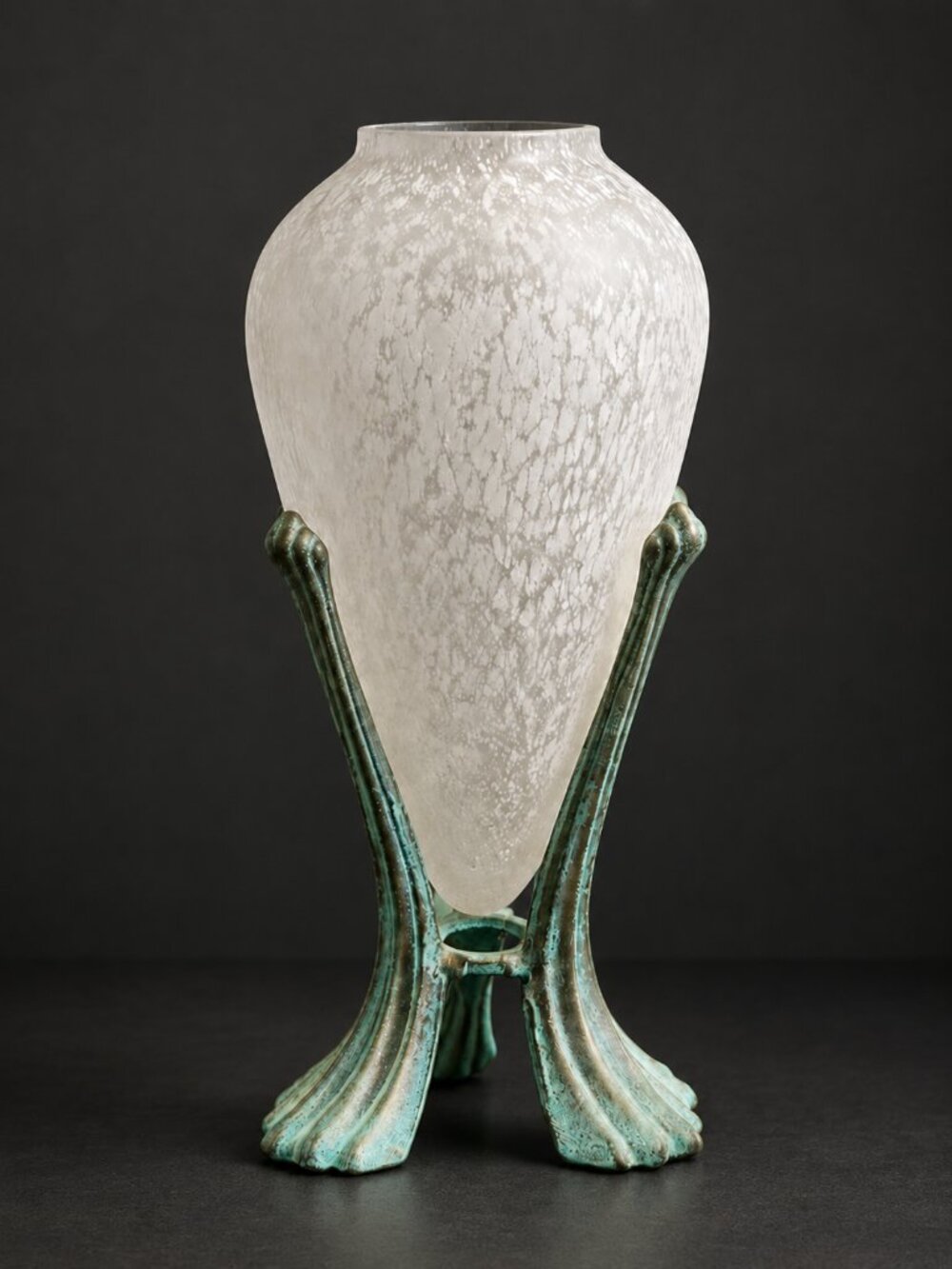 Vintage Silvestri Frosted Blown Glass Vase Verdigris Stand Art Deco 9.25"